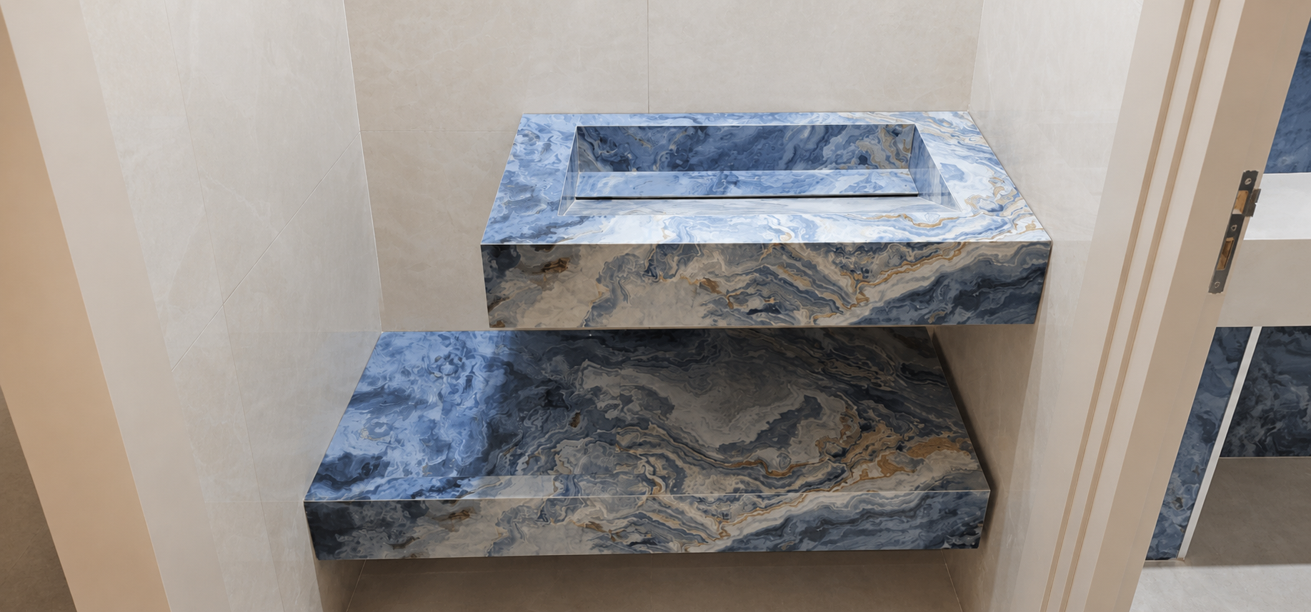 Vasque bleue et tablette assortie
